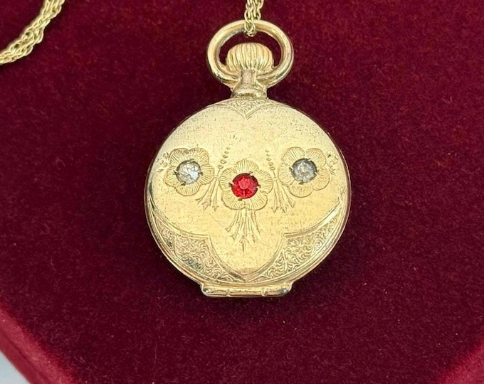 Vintage Gold Plated Watch Case Pendant w/ Paste Gems on 14K GF Chain