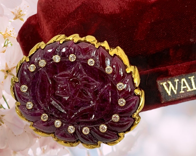 AMAZING Carved Slab Ruby 18K Gold & Diamonds Brooch / Pendant Converter - Vintage Retro Fine Estate Jewelry w/ Appraisal - Floral  Motif
