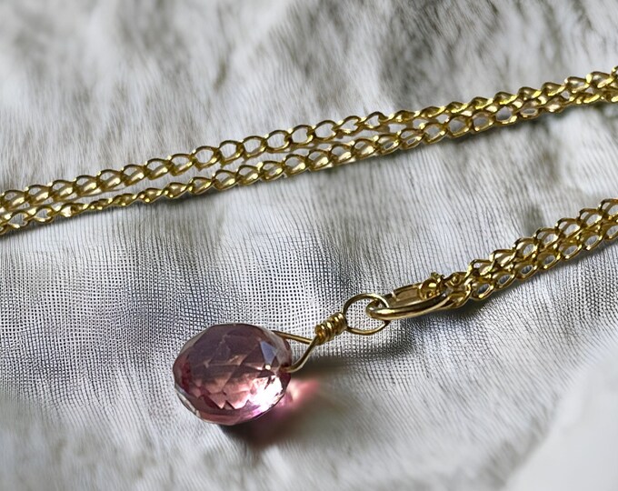 Vintage 14K Gold Filled & Pink Topaz Pendant on 14K GF Chain - Petite Necklace w/ Tiny Round Faceted Rose Cut Pink Gemstone Estate Jewelry