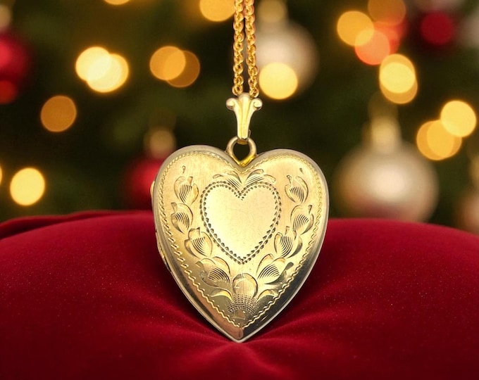 Vintage 14K Gold Filled Heart Locket Necklace - Floral Etched Sweetheart Pendant