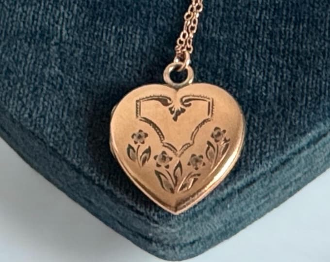 Vintage Rose Gold Filled Heart Locket Necklace: Etched Floral Pendant, 14K GF Chain