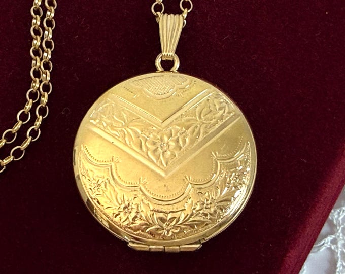 Vintage Van Dell 12K Gold Filled Locket Necklace: Round Floral Photo Pendant, 14K GF Chan