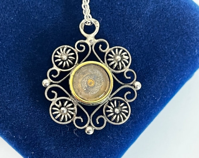 Antique Silver Compass Charm w/ Sterling Silver Chain Necklace - Ornate Filigree Retro 925 Pendant