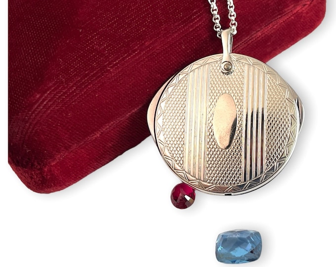Art Deco Pendant w/ Cigar Cutter on Sterling Silver Chain - Unique Etched Vintage Round Stainless Steel Pendant Necklace - Estate Jewelry