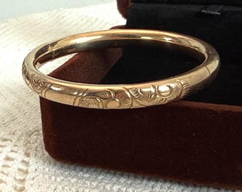 Vintage Victorian Gold Filled Bracelet: Etched Small Antique Hinged Bangle, 6” Circumference