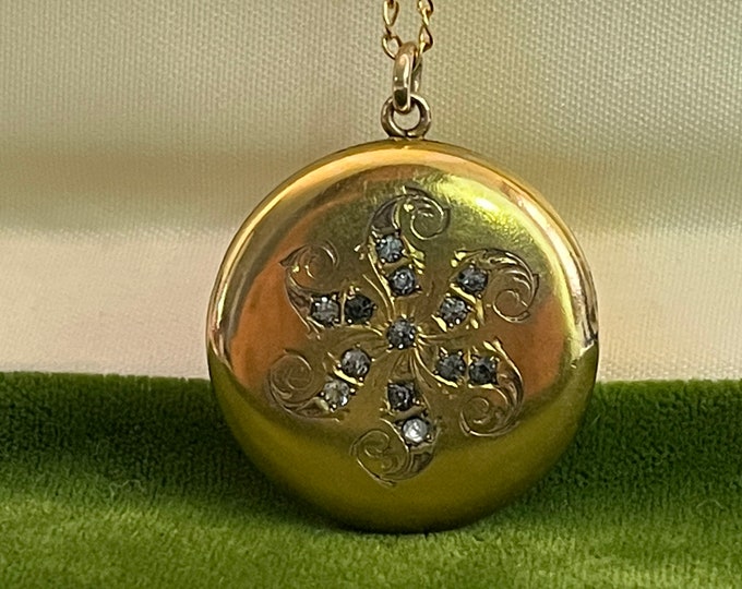 Antique Art Nouveau Round Photo Locket on 14K Gold Filled Chain & AEB Monogram - 2 Photo Pendant Necklace - Paste and Etched w/ Old Photos