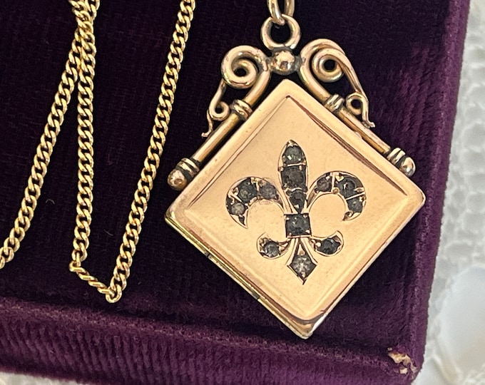 Antique Square Gold Filled Fob Locket w/ Ornate Bale and 13 Paste Gems Dated 1904 - W&H Hallmark w/ 2 Photo Wells C Initial on 14K GF Chain