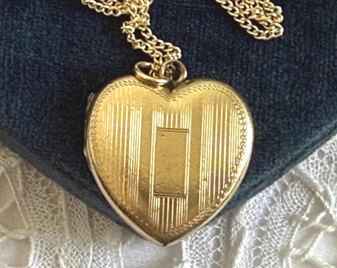 Vintage Gold Filled Heart Locket Necklace: Etched Pinstripes, 14K GF Chain