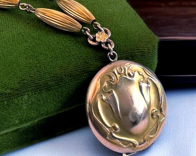 Antique Art Nouveau Gold Filled Locket Necklace: Repousse Floral Design, 14K GF Chain