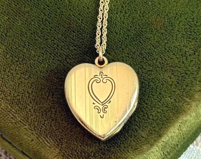 Vintage Gold Filled Heart Locket, 14K GF Chain, P&K Hallmark, Etched Floral Pendant Necklace