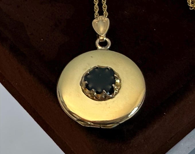 Vintage Gold Filled Locket Necklace: Black Enamel Photo Pendant, 14K GF Chain