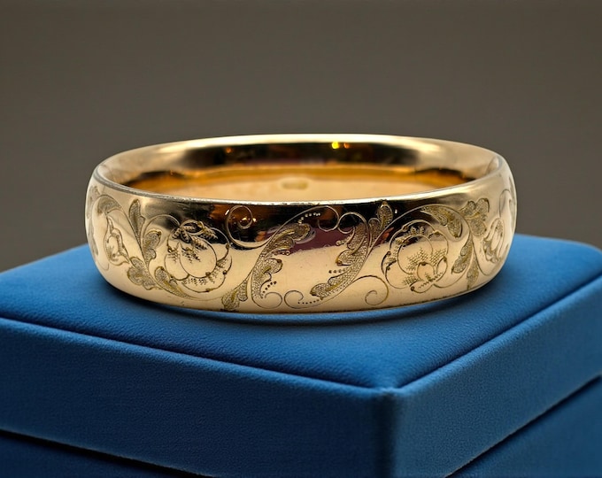 Vintage Gold Filled Bangle: Thick Hinged Etched Floral Bracelet, 1910s by MH & Co