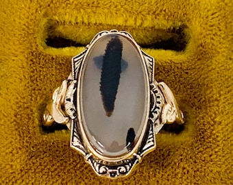 Vintage Agate 10K Gold Filled Ring: Ornate Leaf Band, Size 4.25