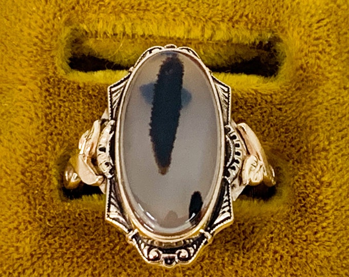 Vintage Agate 10K Gold Filled Ring: Ornate Leaf Band, Size 4.25
