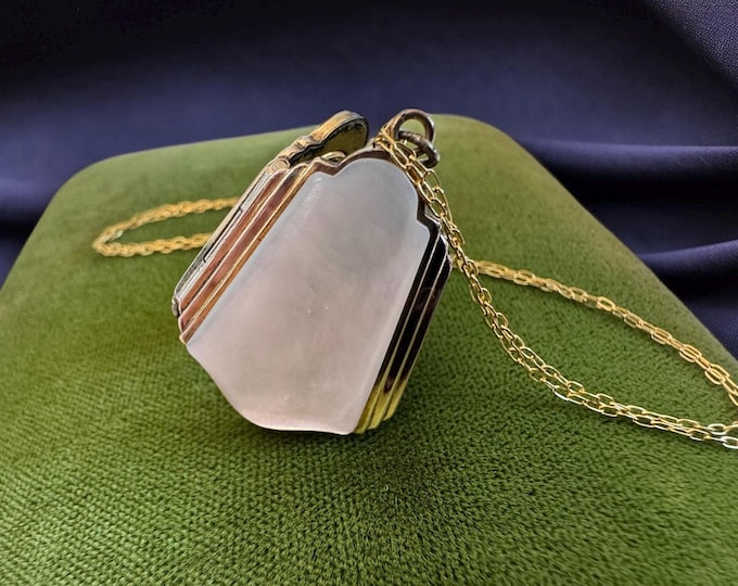 Vintage Shield Shaped Locket w/ Mother of Pearl on 14K Gold Filled Chain - 2 Photo Wells - Pendant Necklace Retro Estate Jewelry -Unique MOP