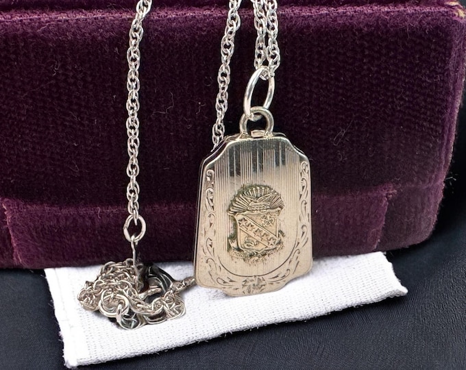 Vintage White Gold Plated Shield Locket - Etched w/ Raised Crest - 2 Photo Pendant on 925  Silver Chain - Snake 5 Stars Flower w/ Date 1874