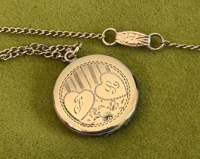 Vintage Round Locket w/ F & L Initials in Etched Hearts - Pendant on Vintage Chain - 2 Photo Estate Jewelry Ca Mid Century - Love Sweetheart