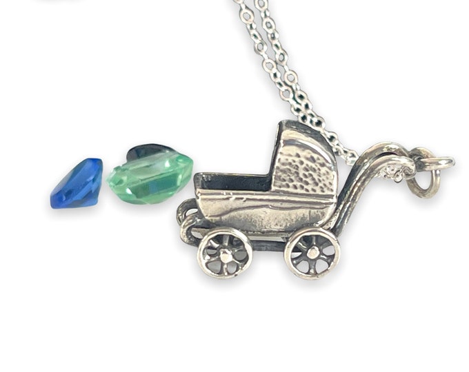 Vintage Silver Baby Buggy w/ Sterling Silver Chain - Retro 925 Birth Baby Mother Mom Charm - Mid century Motherhood Carriage Pram Stroller