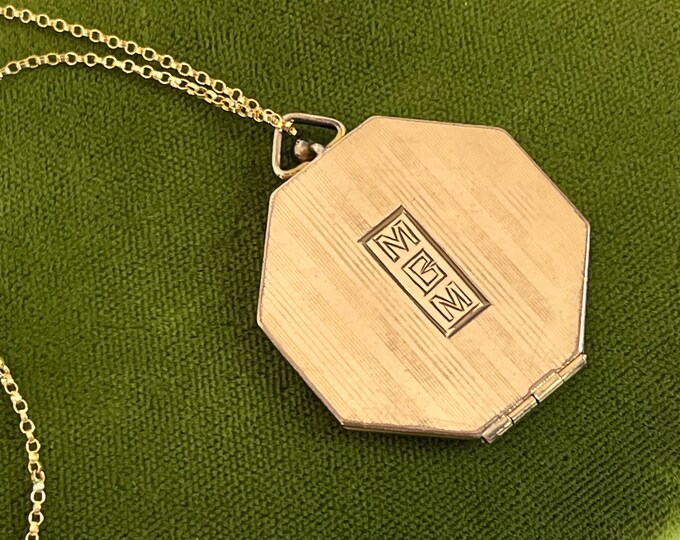 Vintage Gold Plated Etched Octagon Locket Necklace w/ Monogram “MGM” on 14K GF Chain - 2 Photo Art Deco Era Estate Jewelry Timeworn Treasure