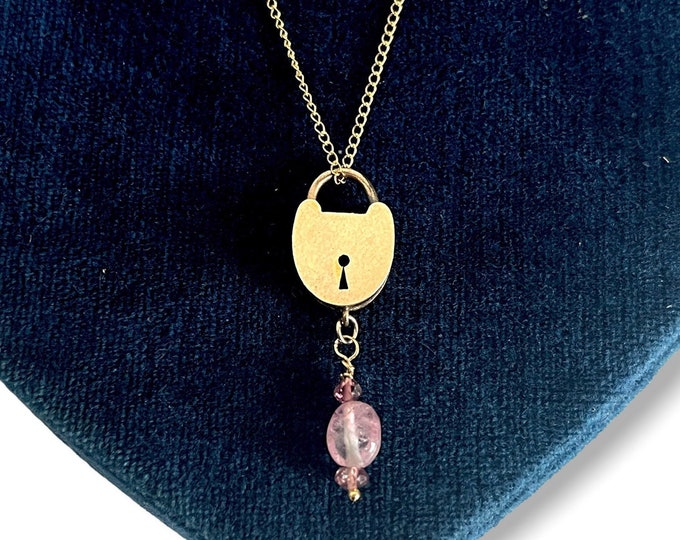 Vintage Gold Filled Heart Lock Pendant w/ Tourmaline Drop on 14K GF Chain  - Retro Unique Mini Padlock Necklace Charm - Early to Mid Century