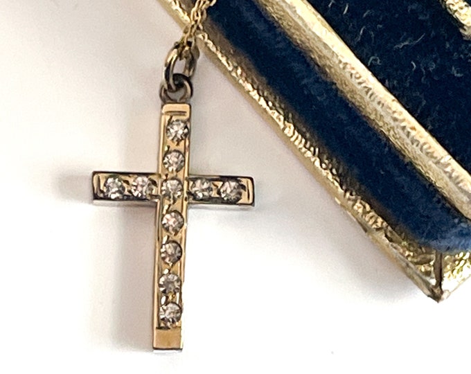 Vintage Gold Filled Cross on GF Chain w/ 11 Paste Stones & Chased Scroll Back - BKO hallmark - Vintage Retro Religious Christian Jewelry