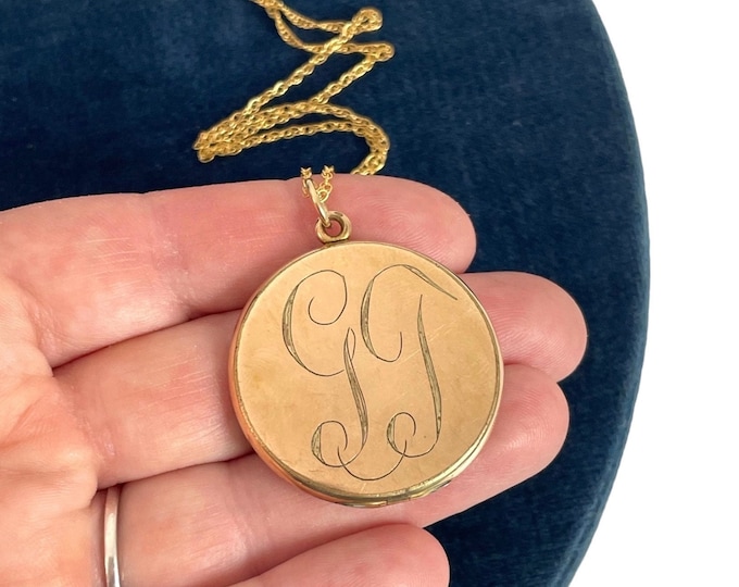 Large Round Gold Filled Locket - Vintage Monogrammed GT W&H Co Photo Locket Pendant 14K Gold Fill Chain - Edwardian Necklace Estate Jewelry