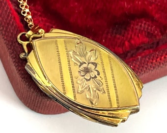 Vintage Marquis Shaped 12K Gold Filled Etched Floral Flower Locket w/ SAMSAN Hallmark - 1940s Vintage Pendant on 14K GF Chain Estate Jewelry