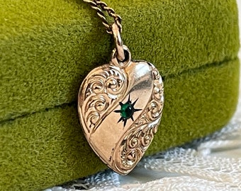 Vintage Petite Ornate Heart Pendant w/ Green Paste Gem & Engraved Name “Dora” - Retro Small Charm Necklace - Simulated Emerald May Birthday