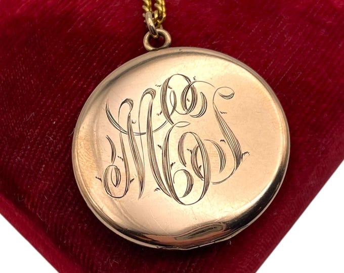 LARGE Antique Gold Filled Round Locket Necklace - F&B Hallmark - Etched Monogram Letters MET - 1900s Estate Photo Jewelry Long 12K GF Chain