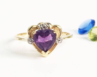 Vintage Amethyst Gold Ring - Purple Heart Shaped Colored Stone 14K Yellow Gold Ring with White Gold Accents - Cocktail Ring Estate Jewelry