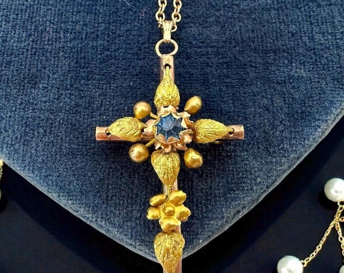 Vintage Gold Filled Cross Necklace: Blue Paste Gem, Floral Religious Pendant, 12K Chain