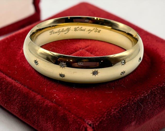 Vintage 12K GF Bangle Bracelet: Etched Starburst Rhinestones, Class of '56 Engraving
