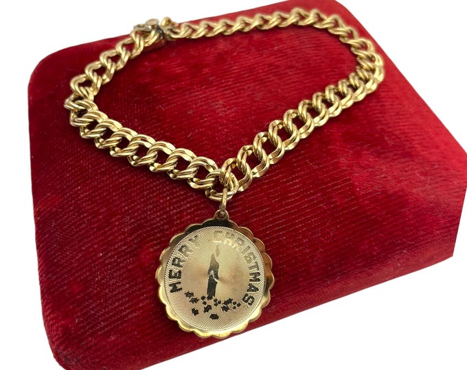 Vintage 12K Gold Filled Christmas Charm Bracelet - Double Link Chain, 1960s Retro Jewelry