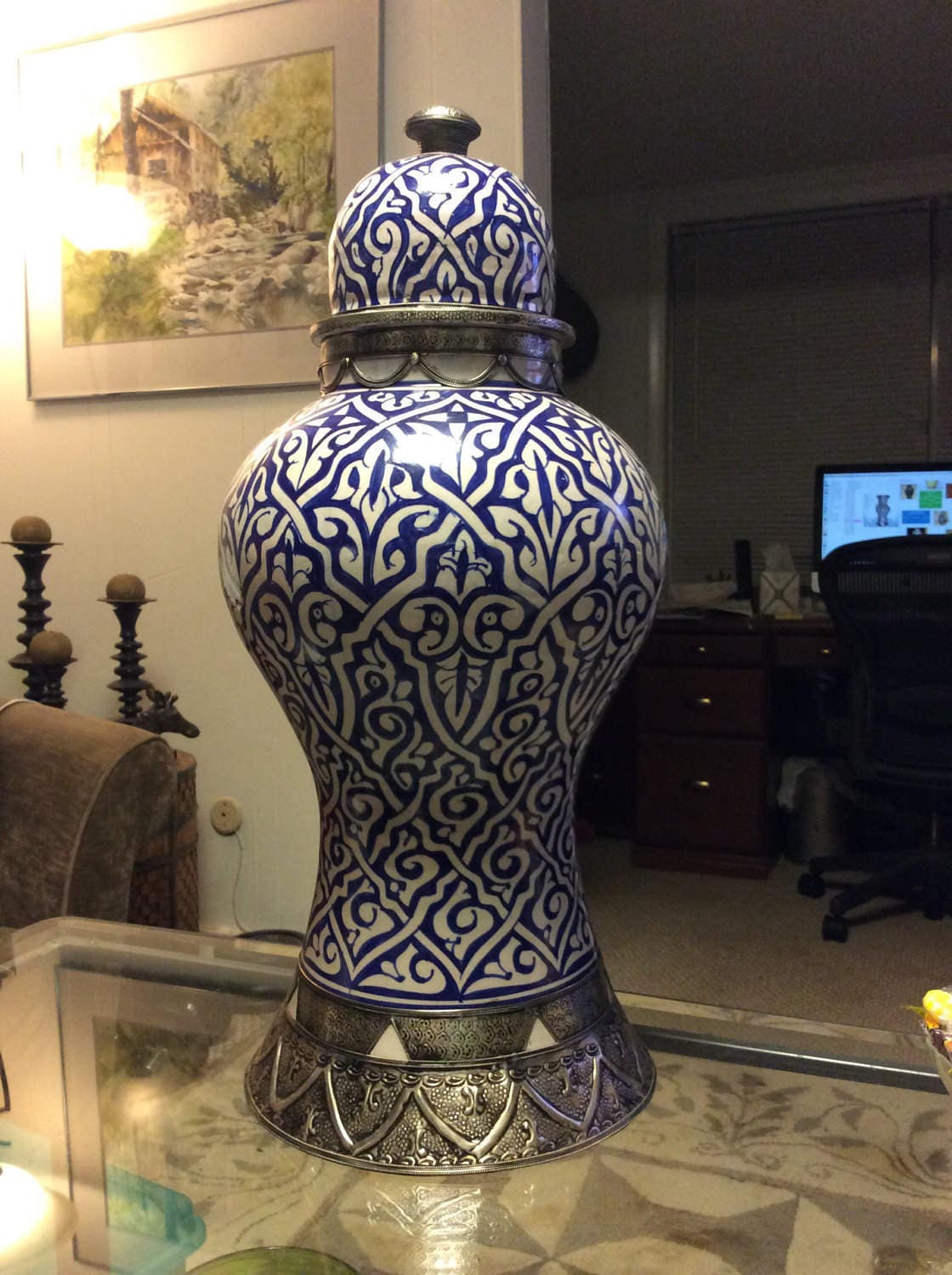 Handmade Moroccan Lidded Vase with Metalwork Blue and White Etsy