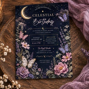 May include: A rectangular invitation card featuring a dark navy blue background with a crescent moon, stars, and butterflies. The text reads Celestial Birthday, Saturday August 16, 6:00 PM, The Night Garden, 123 Moonlit Lane, Dreamsville, IN 12345, RSVP to Sarah 123.456.7890.