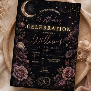 May include: A rectangular birthday invitation card featuring a black background with gold celestial motifs including a crescent moon, stars, and sun. The text reads: Please join us for a Birthday Celebration honouring Willow's 30th Birthday, Saturday June 21 at 6:30 PM, The Starlight Lounge, 123 Celestial Way, City, ST 12345, RSVP to Sarah (123) 456-7890. Purple floral accents frame the sides.