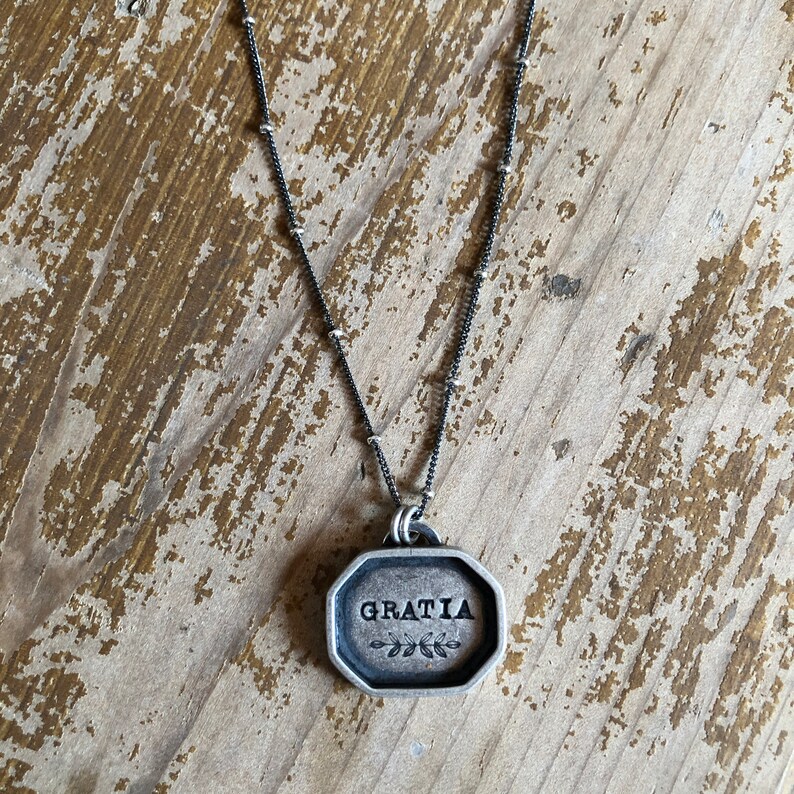 Hand-Stamped Silver Shadowbox Necklace Rustic Artisan Made Gratia Latin Grace