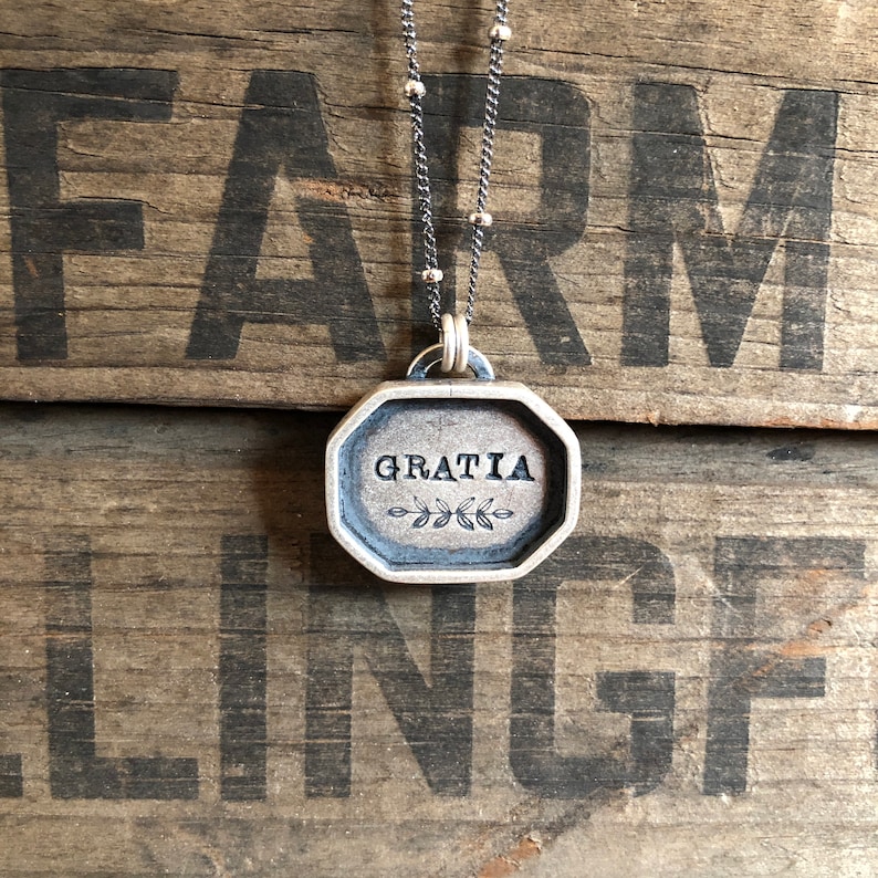 Hand-Stamped Silver Shadowbox Necklace Rustic Artisan Made Gratia Latin Grace