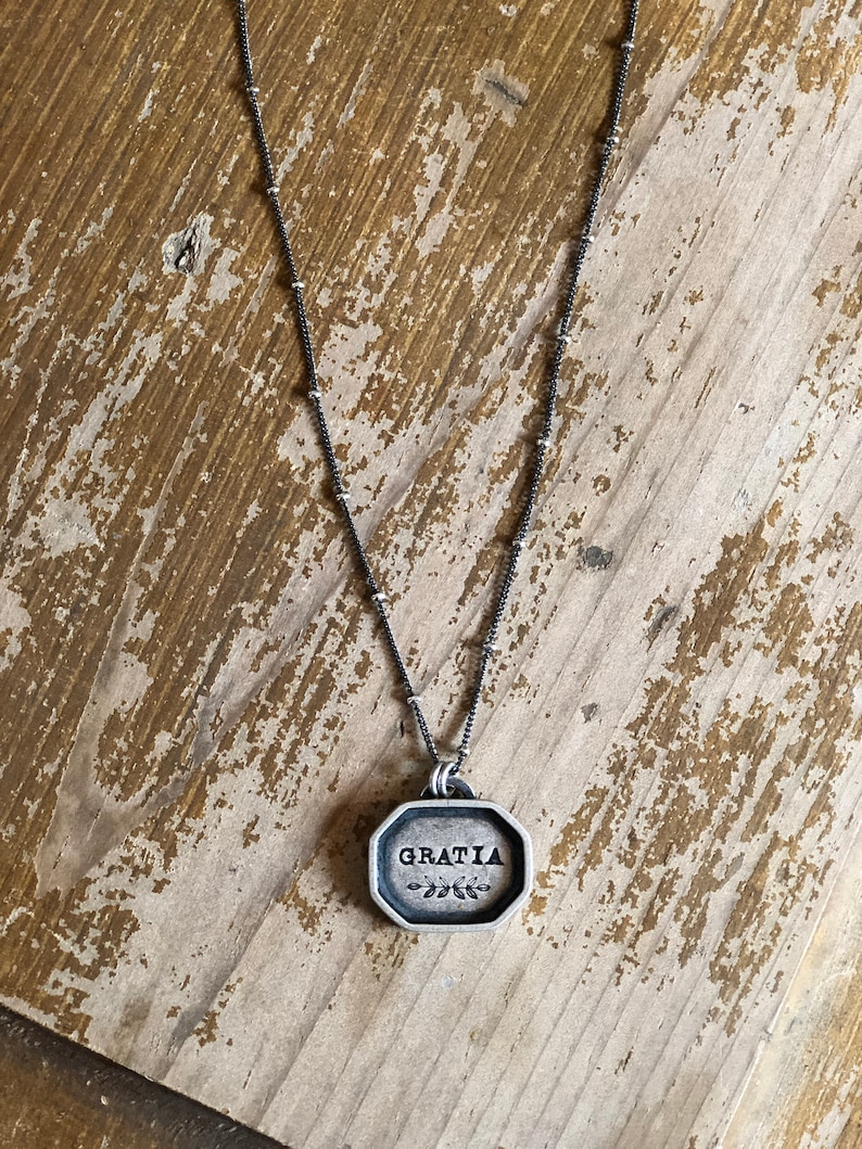 Hand-Stamped Silver Shadowbox Necklace Rustic Artisan Made Gratia Latin Grace