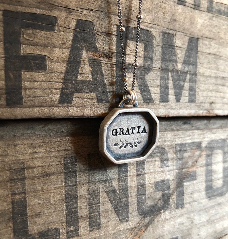 Hand-Stamped Silver Shadowbox Necklace Rustic Artisan Made Gratia Latin Grace