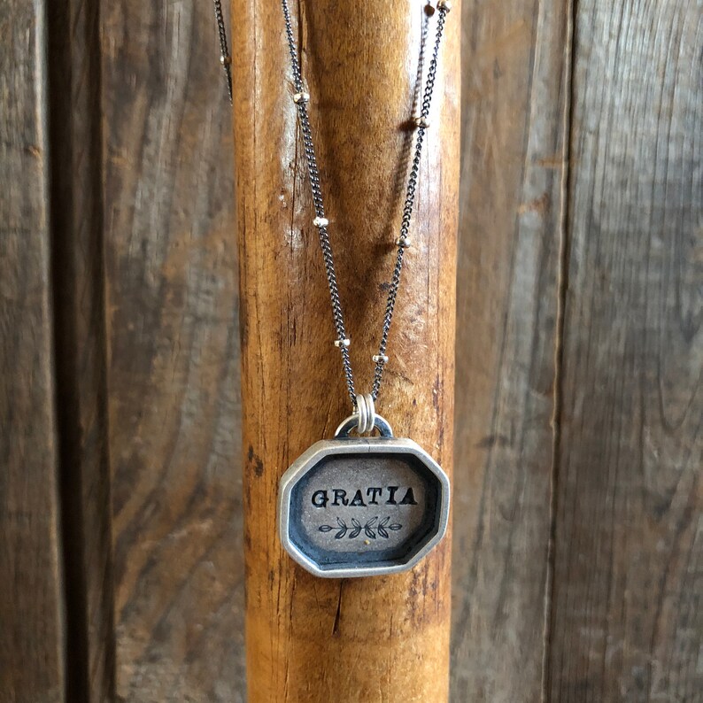 Hand-Stamped Silver Shadowbox Necklace Rustic Artisan Made Gratia Latin Grace