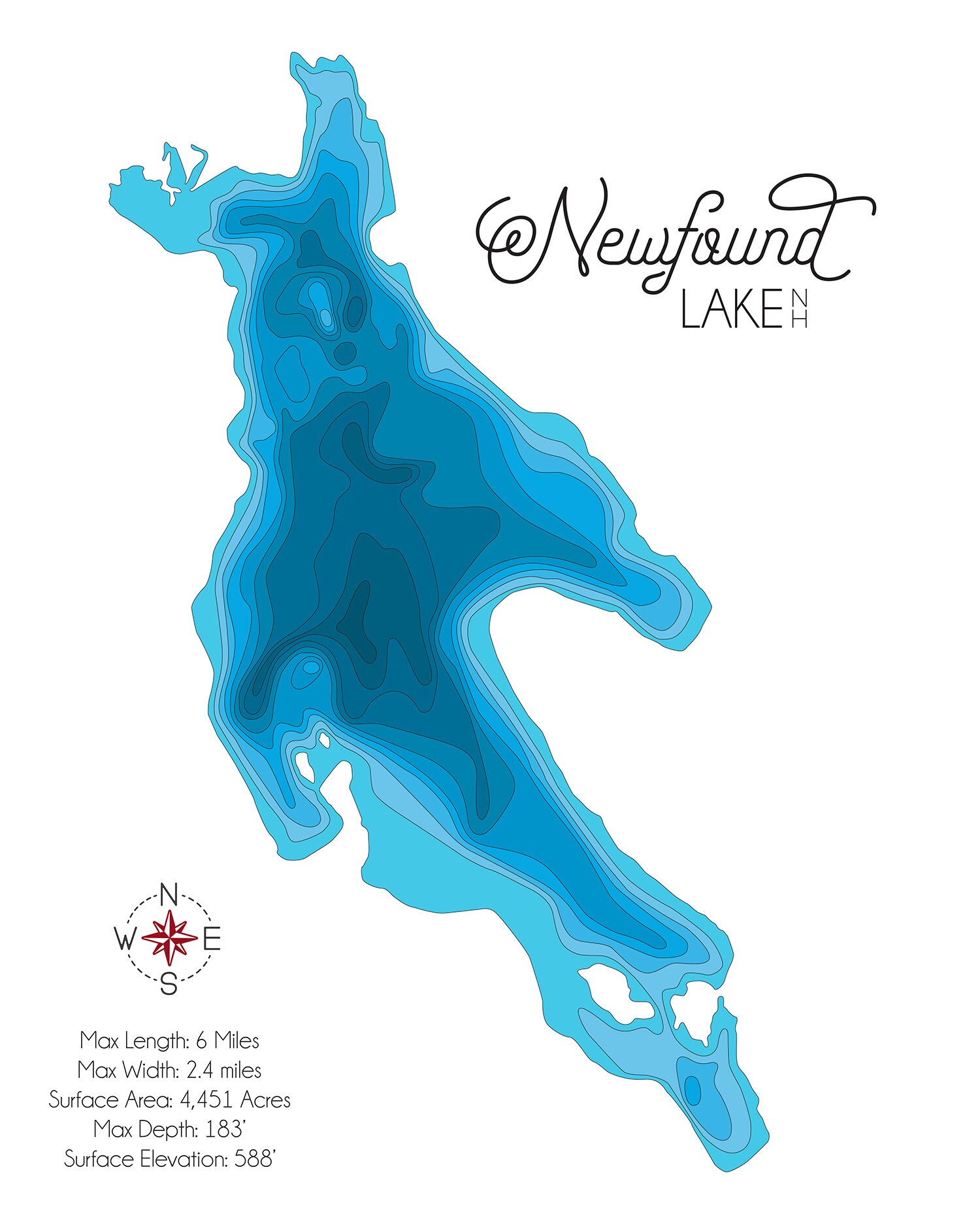 Newfound Lake New Hampshire Modern Bathymetric Map Topographic Etsy UK