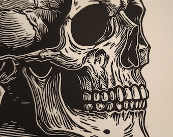 Skull and Rose Linocut Hand Pulled Print Limited Edition of only 8