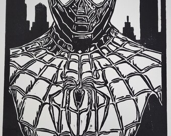 Grabado en linóleo de Spider-Man: Robert Viana Fan Art (21,5 x 26,5 cm)