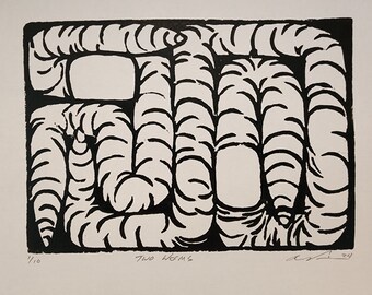 Two Worms - Linocut Linoleum Block Print by Robert Viana July 2024
