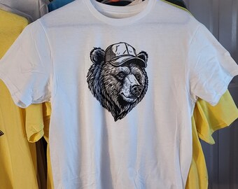 Hand Printed White Shirt Linocut Bear Titled "Dave" Size Medium