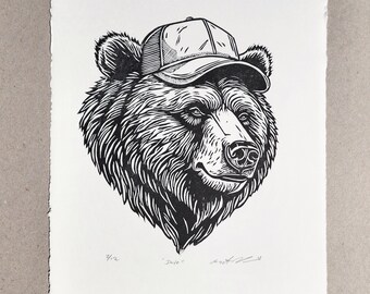 Linocut Hand Pulled Print Trucker Hat Bear Titled "Dave" unframed