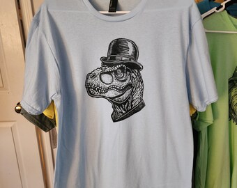 Hand Printed Light Blue Shirt Linocut T-Rex Size Medium