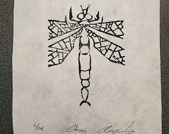 DragonFly Original Woodblock Print by Robert Viana 3" x 4.5" Woodcut Titled: Ethan