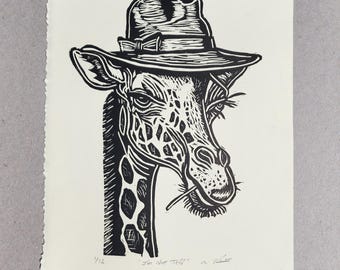 Linocut Hand Pulled Print Giraffe Titled "I'm Not Jeff." unframed